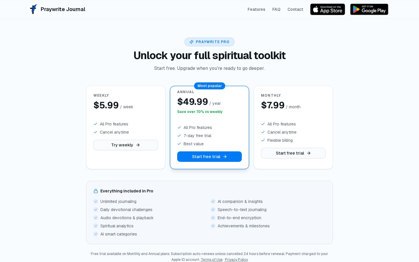 Praywrite Journal Pricing