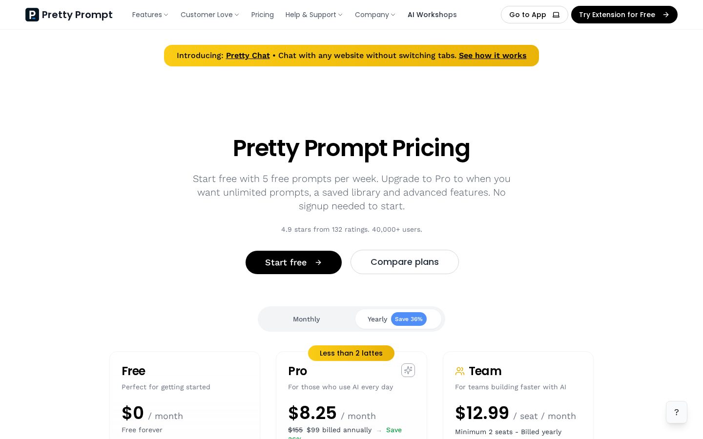 Pretty Prompt 1.0 Extension and Web App Pricing