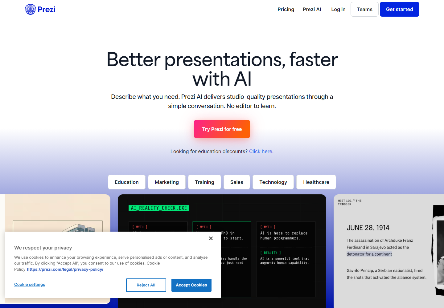 Prezi homepage