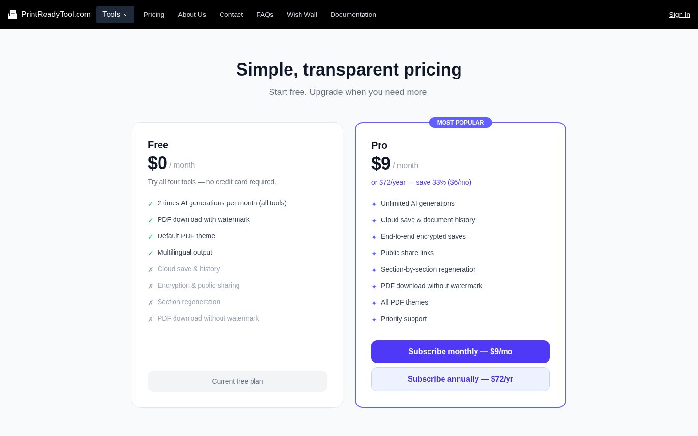 PrintReadyTool Pricing