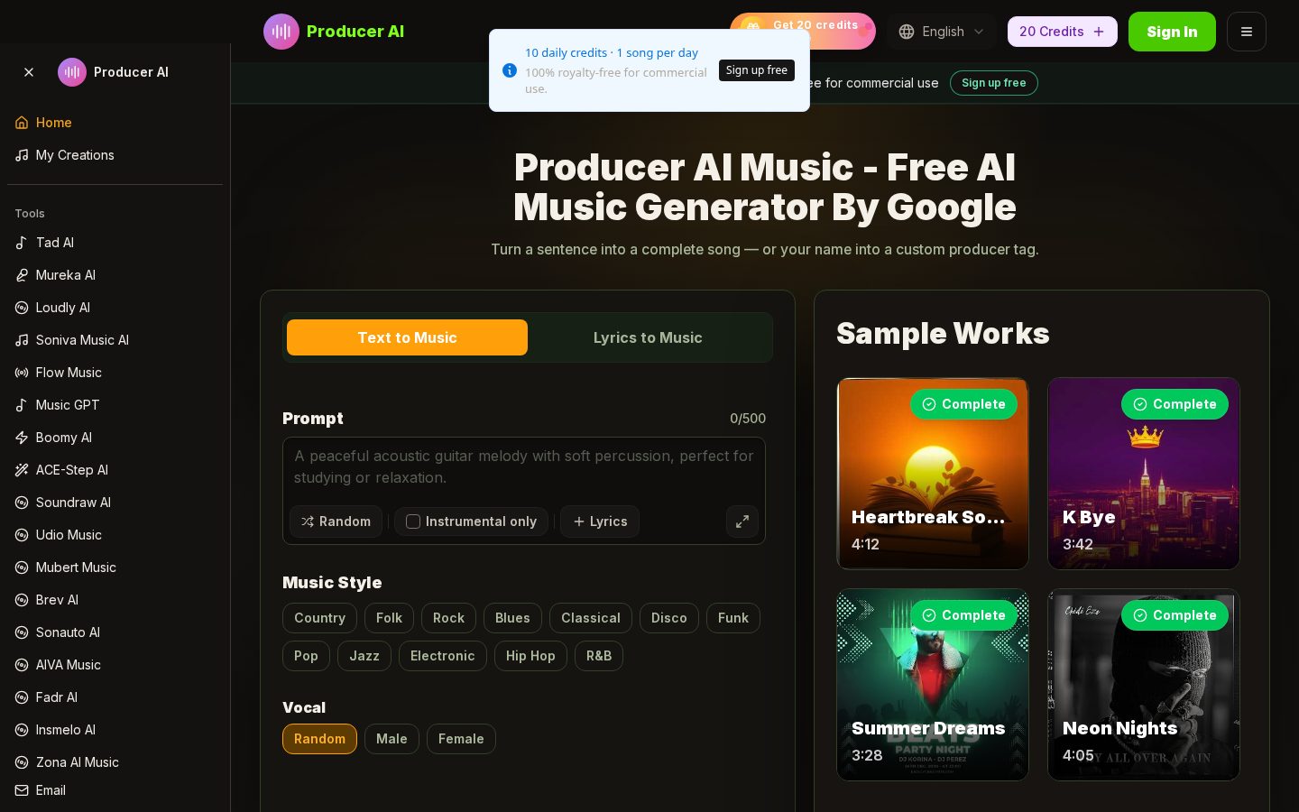Producer AI Homepage