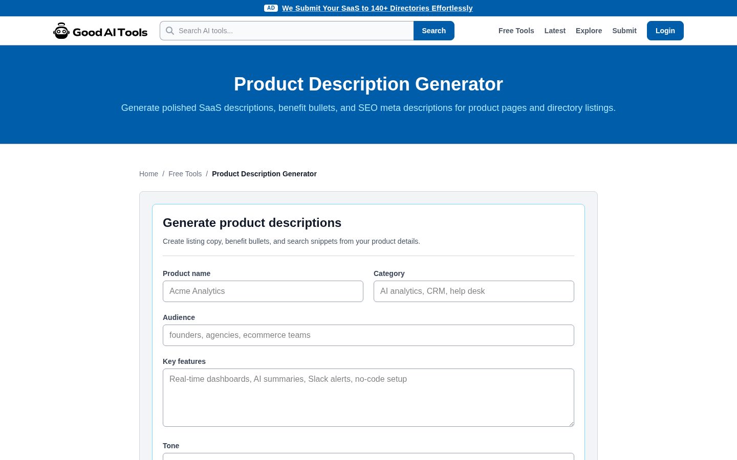Product Description Generator Homepage