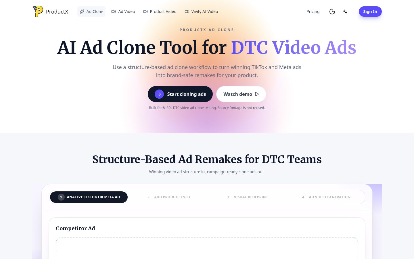 ProductX AI Ad Clone Tool Homepage