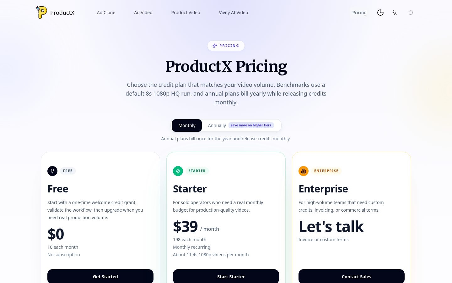 ProductX AI Ad Clone Tool Pricing