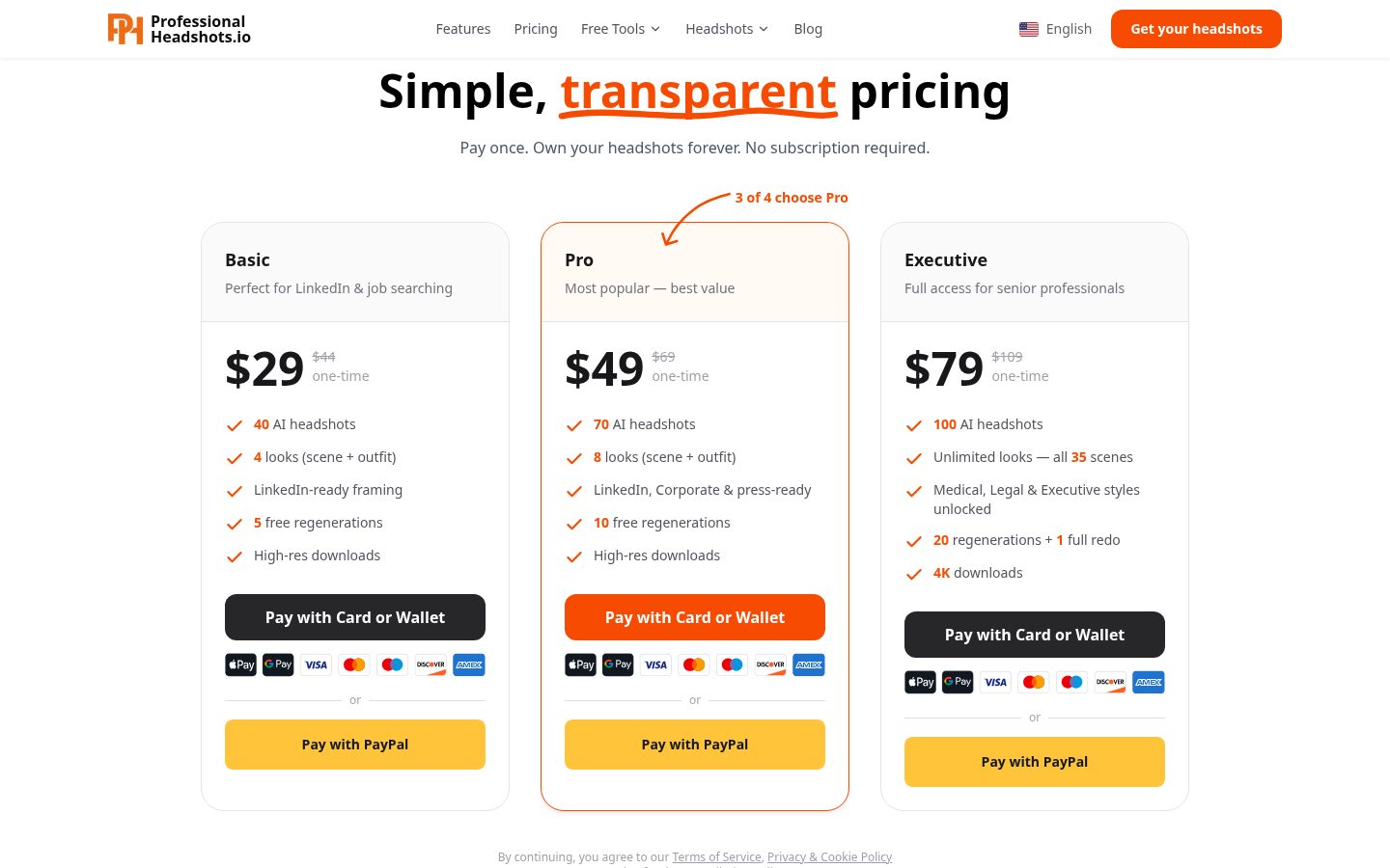 ProfessionalHeadshot.io Pricing