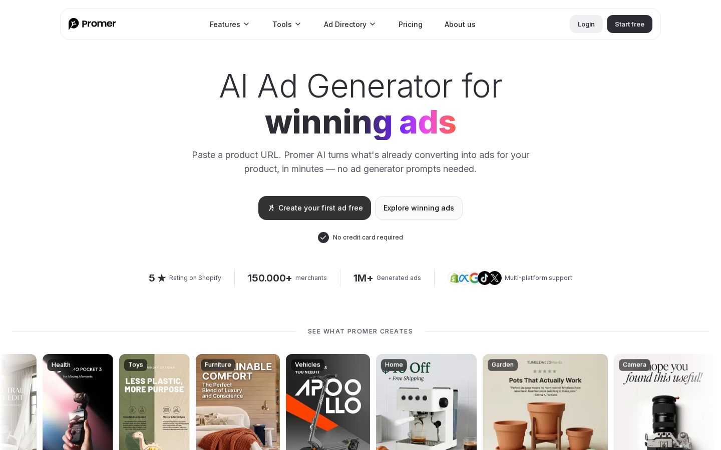 Promer AI Ad Creatives Homepage