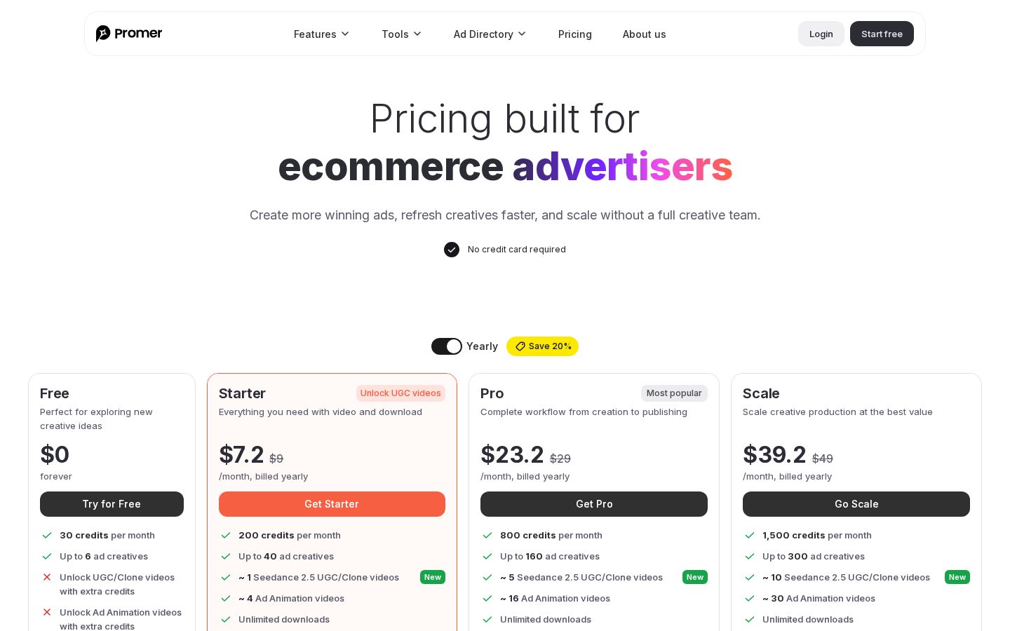 Promer AI Ad Creatives Pricing