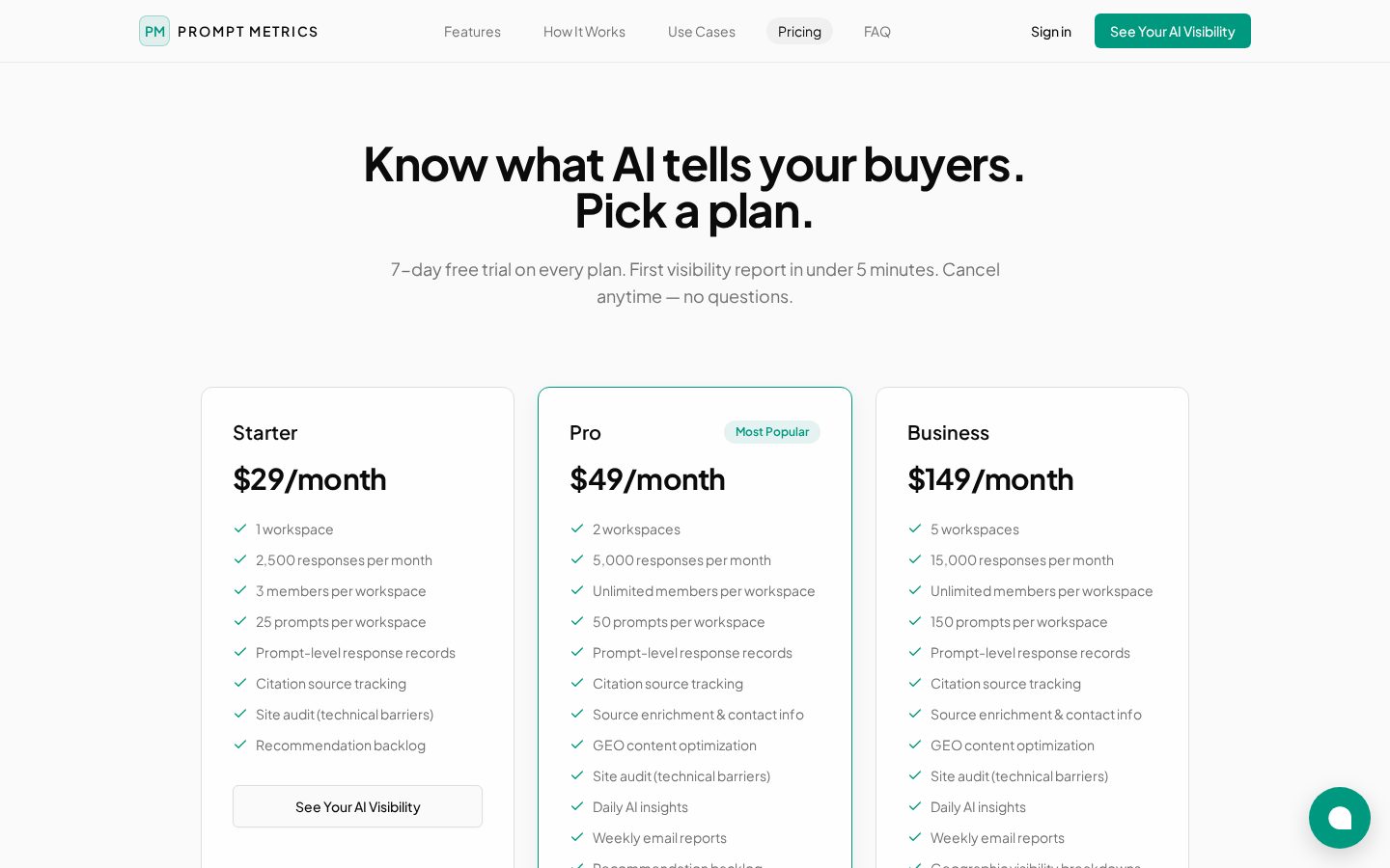 Prompt Metrics Pricing