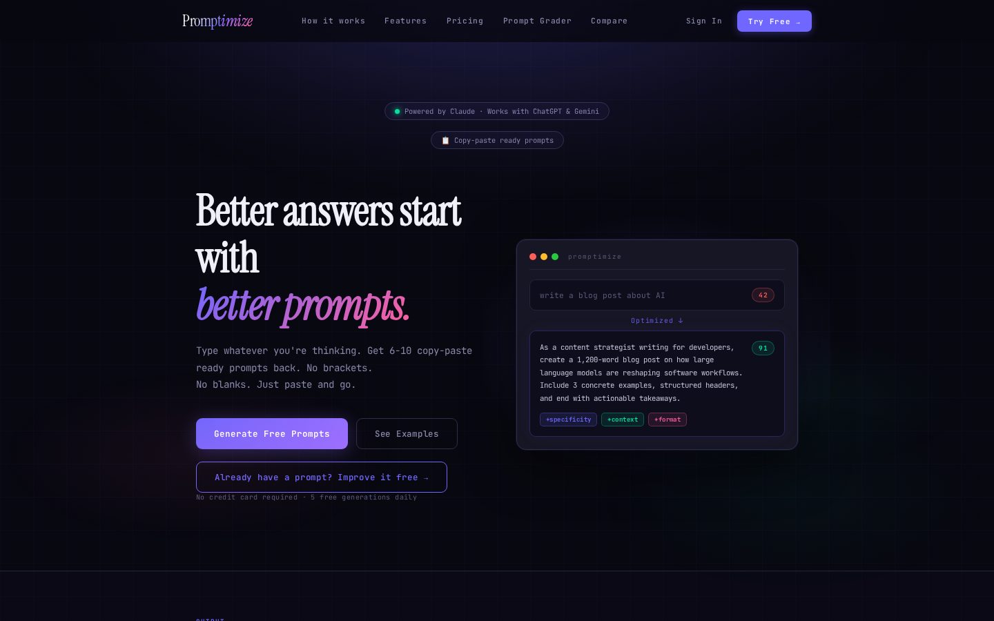 Promptimize.app Homepage