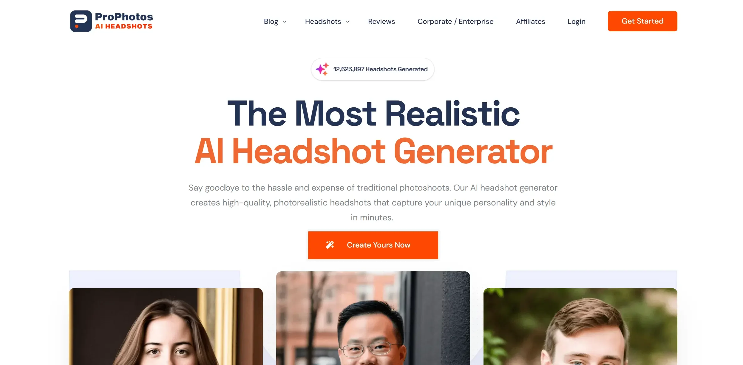 Product homepage for ProPhotos: Get professional headshots done in minutes with our AI headshot generator.