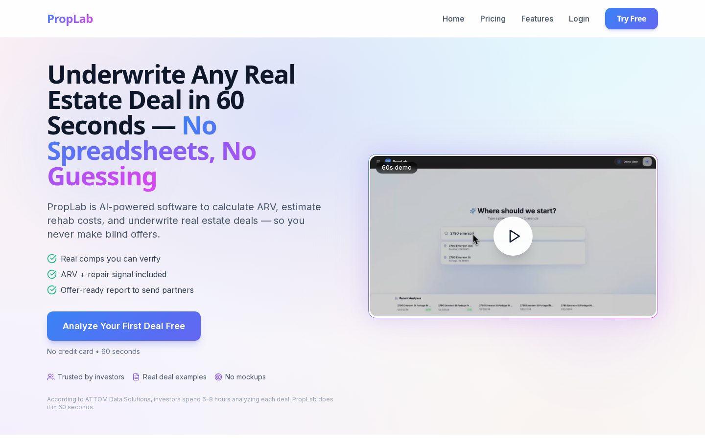 PropLab AI Real Estate Underwriter Homepage