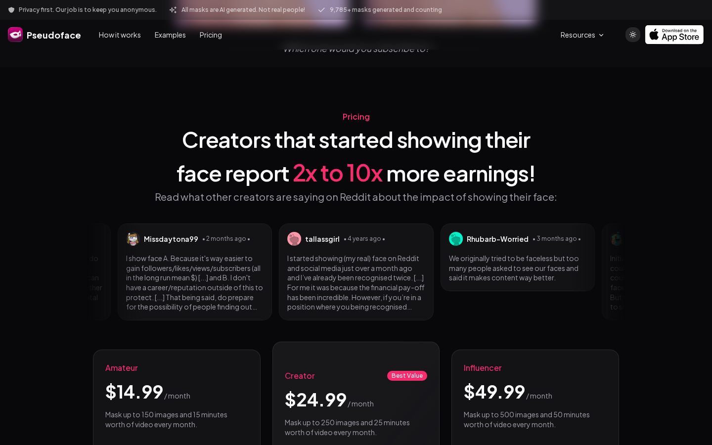 PseudoFace Pricing