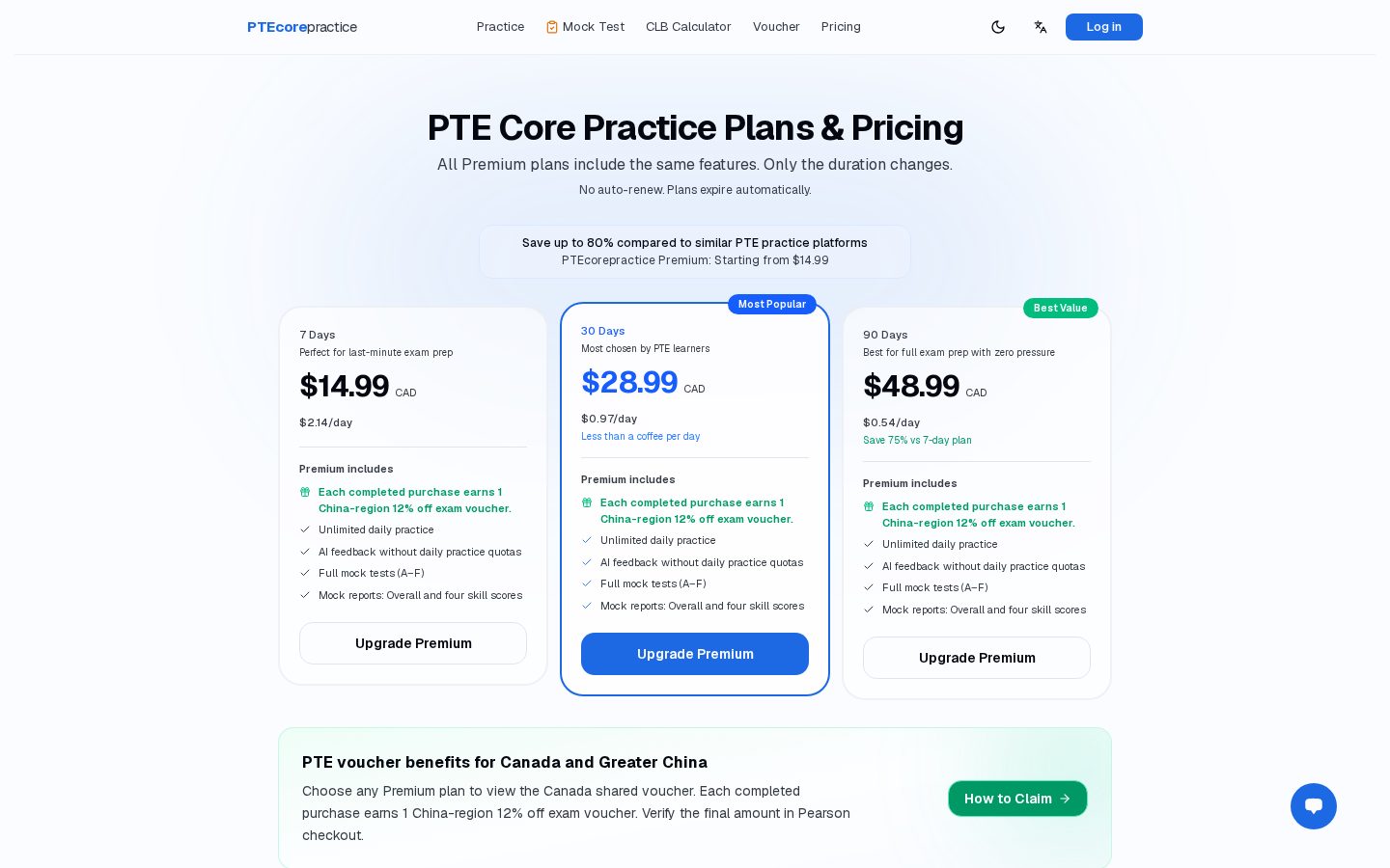 PTE Core Practice Pricing