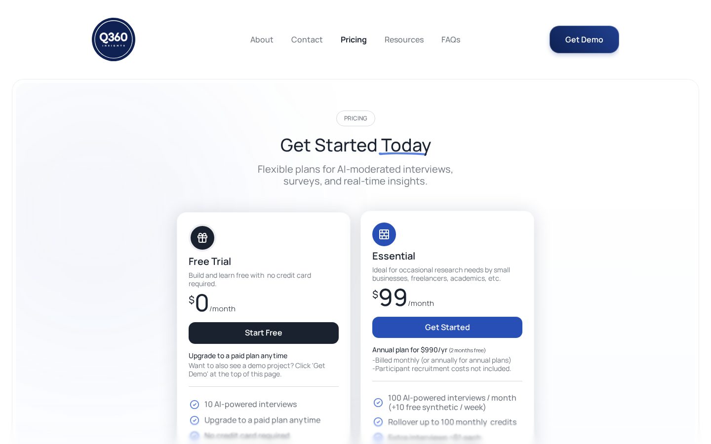 Q360 AI-Powered Interviews & surveys Pricing