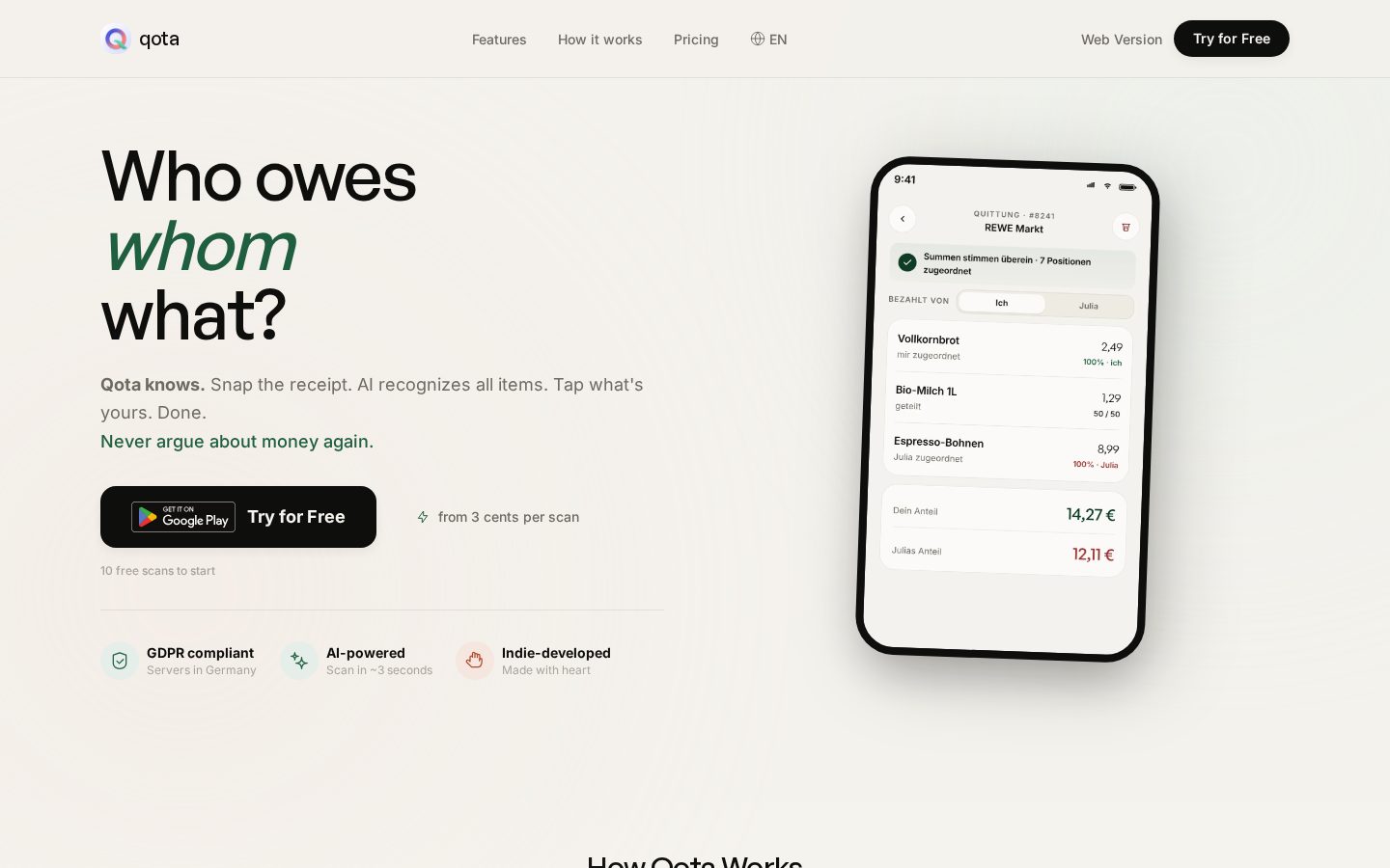 Qota Bill Splitter Homepage