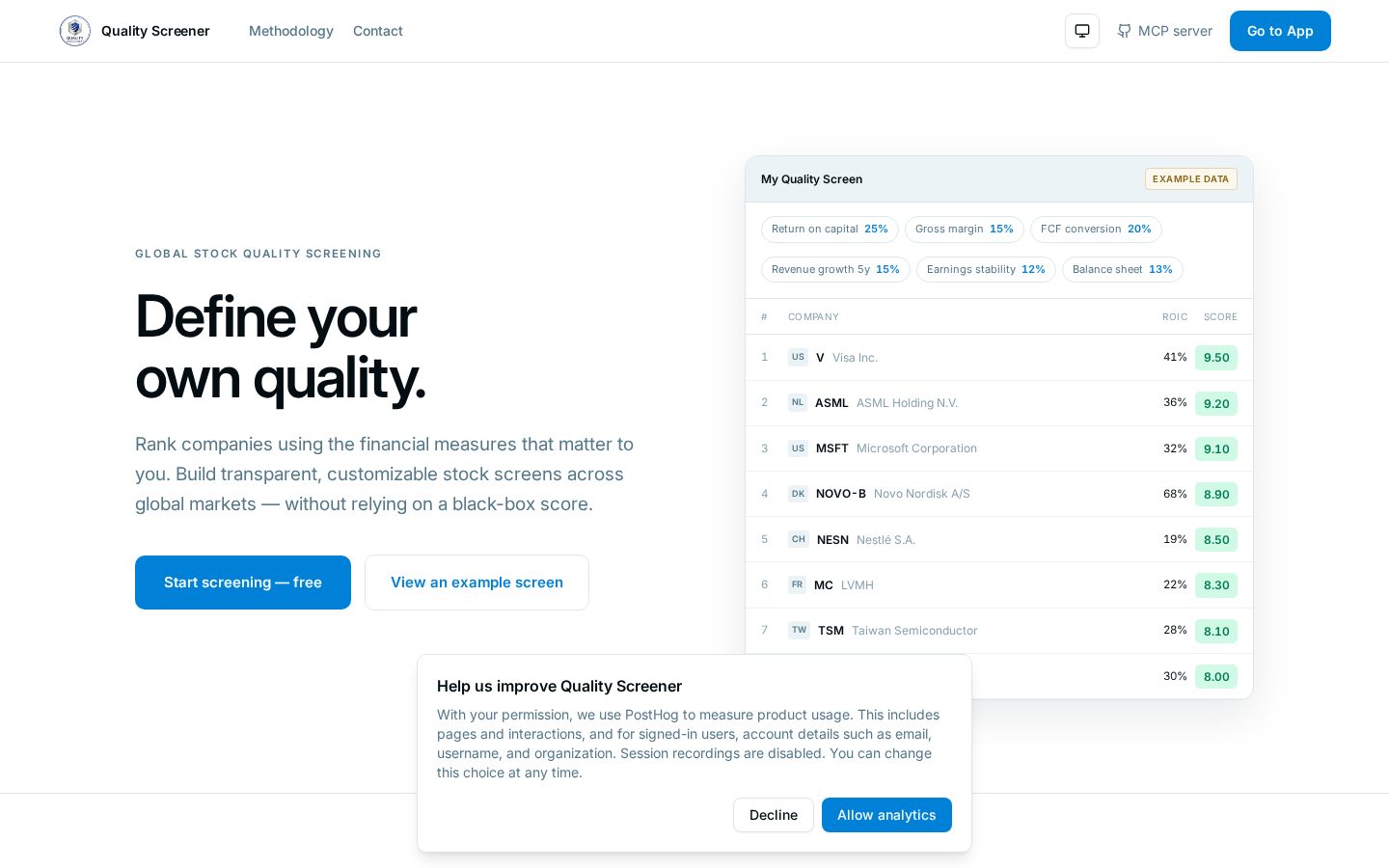 Quality Screener Homepage