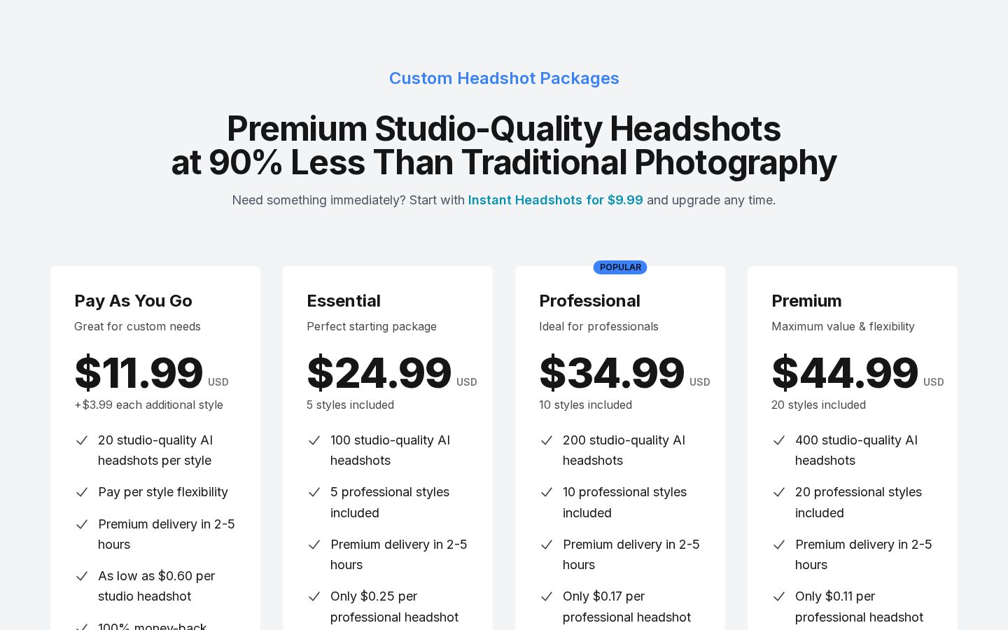 QuickHeadshots Pricing