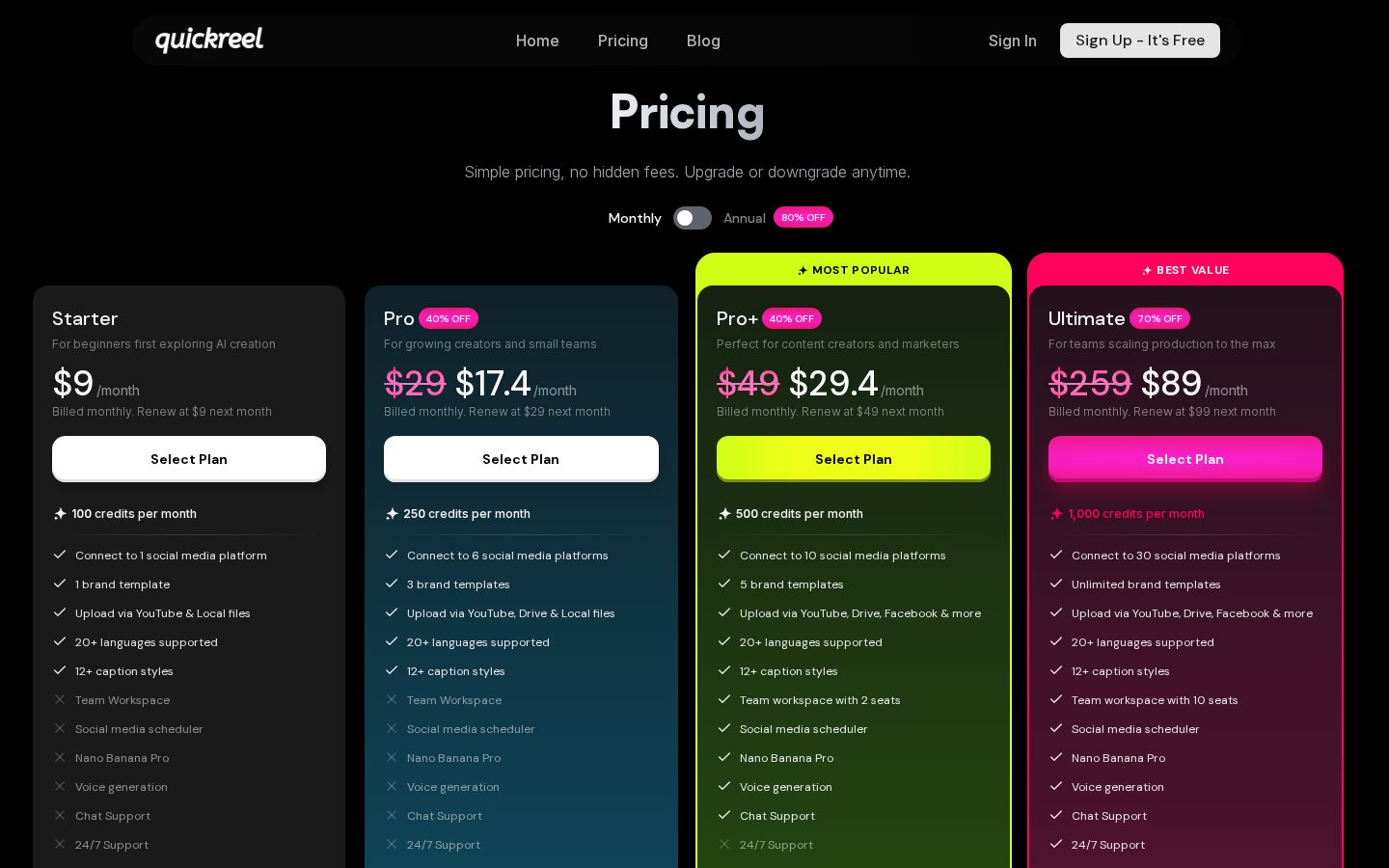 QuickReel Pricing