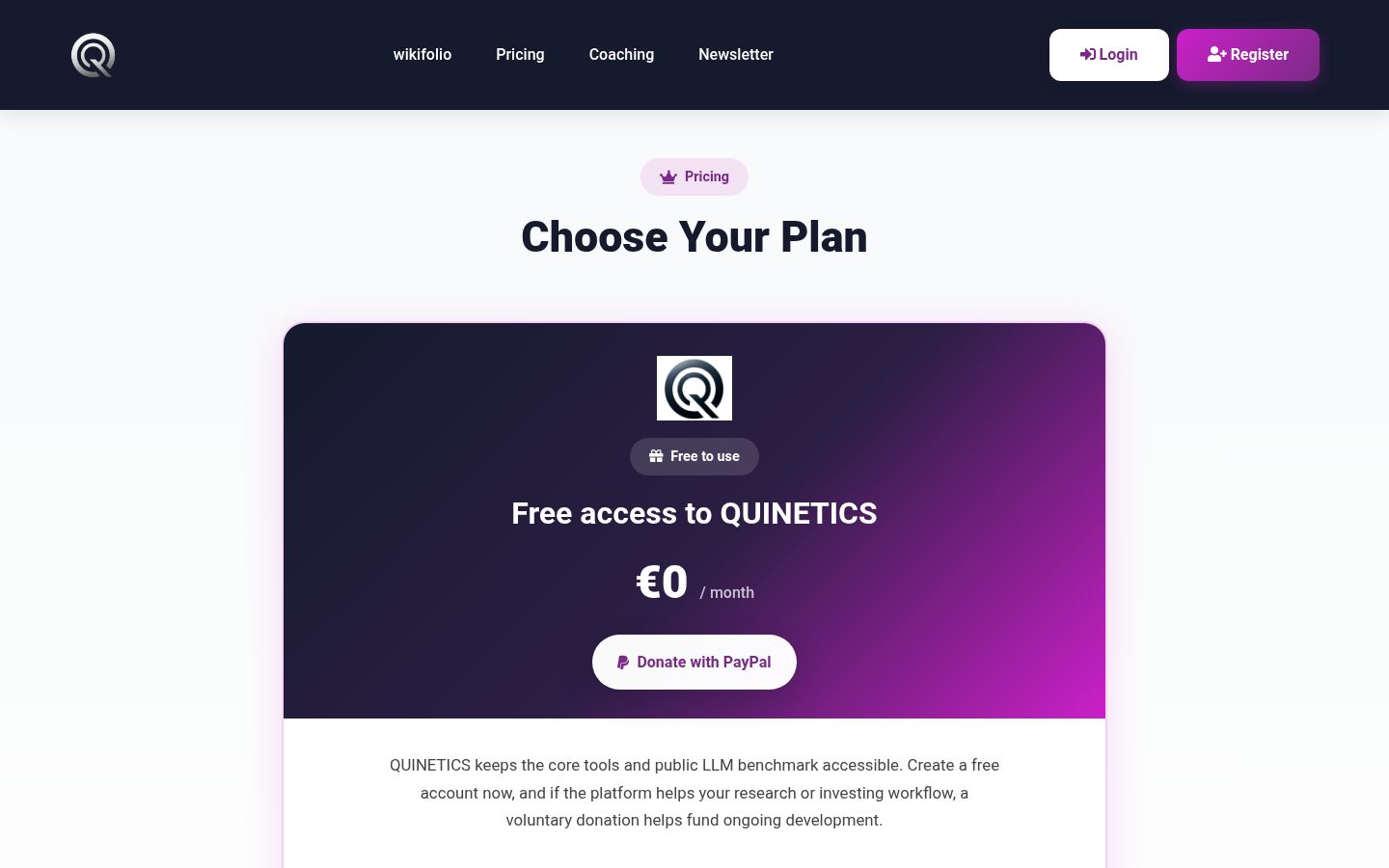 QUINETICS Pricing