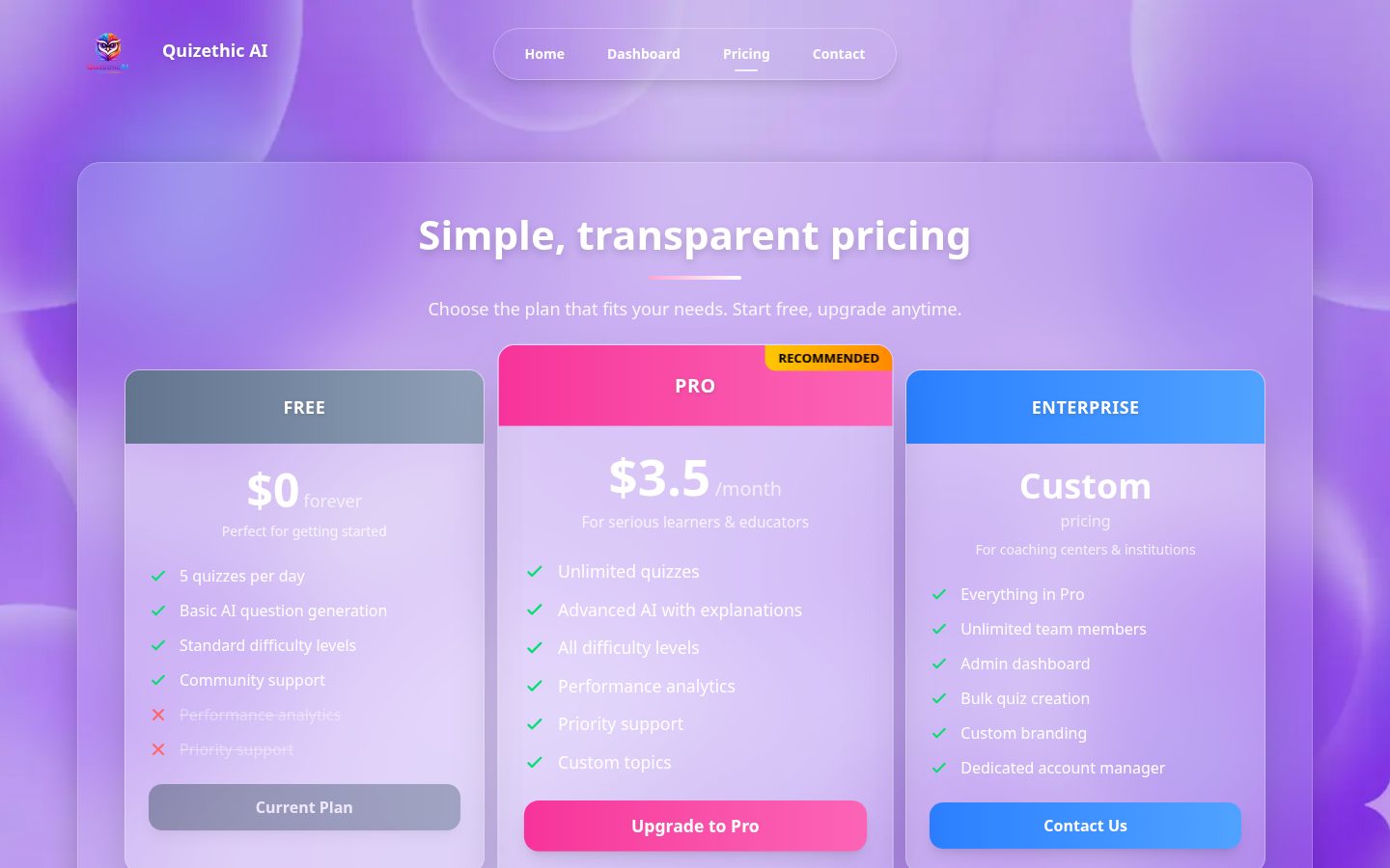 Quizethic AI Pricing
