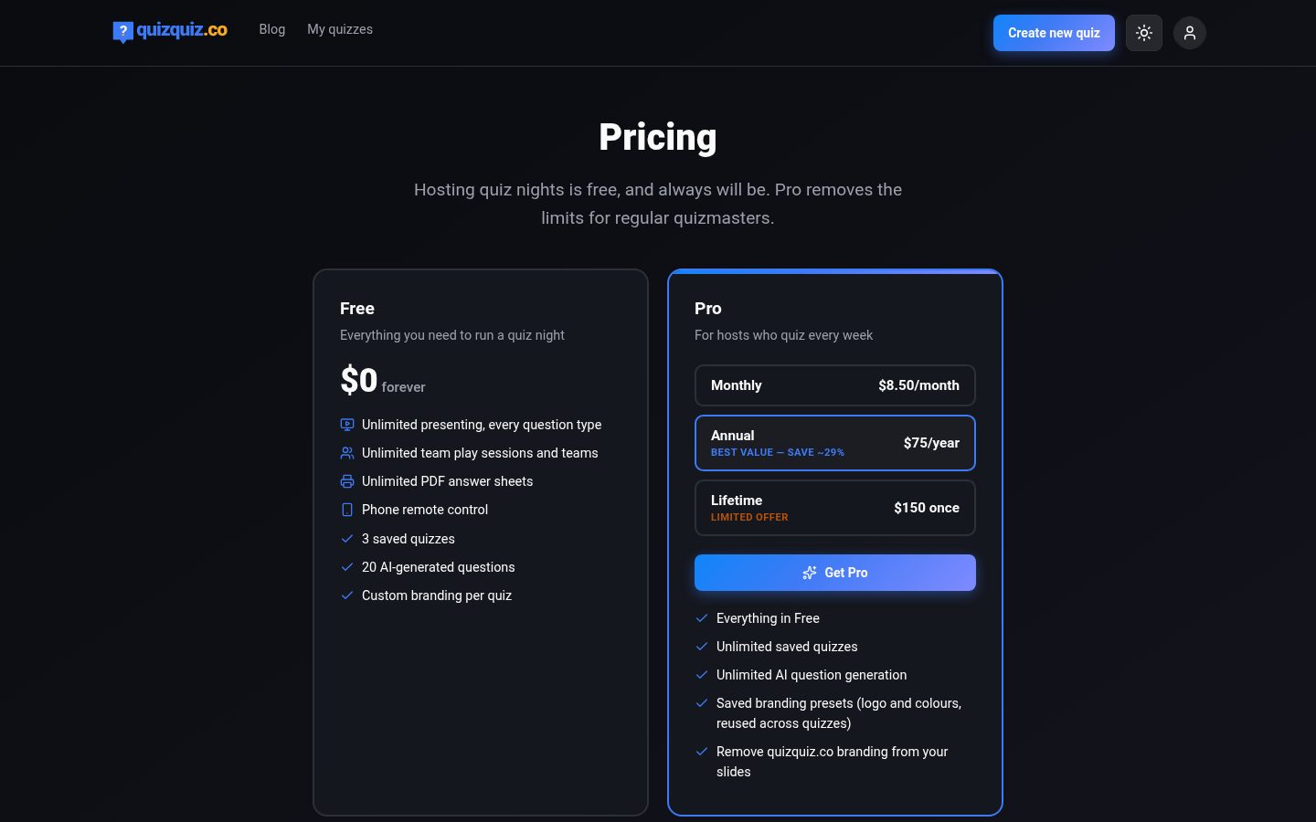 quizquiz.co Pricing