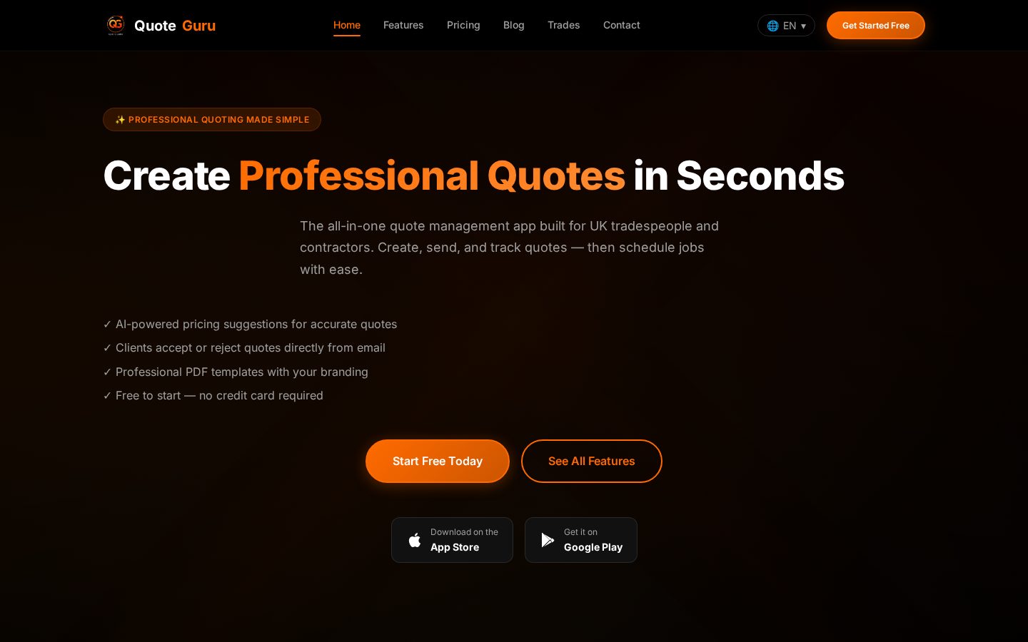 QuoteGuru Quote App for Trades Homepage