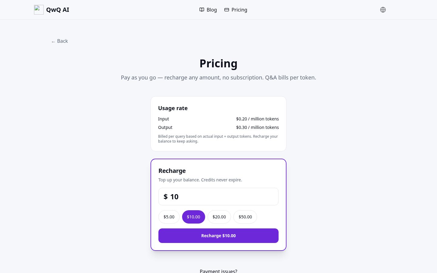 QWQ AI Pricing