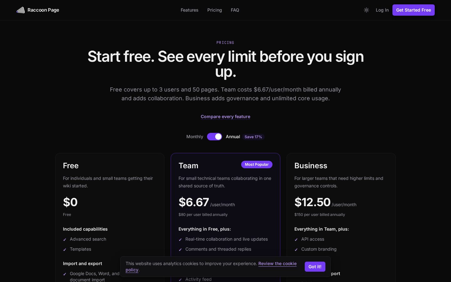 Raccoon Page Pricing