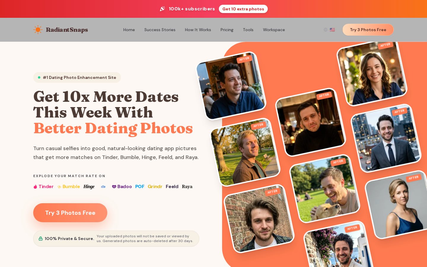 RadiantSnaps AI Dating Photo Generator Homepage