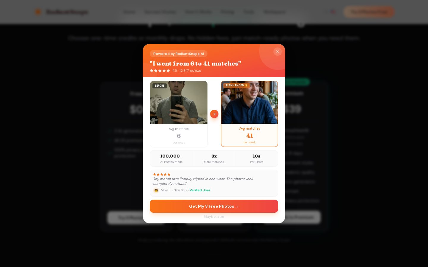 RadiantSnaps AI Dating Photo Generator Pricing