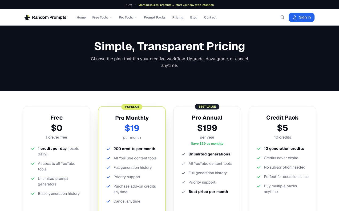 Random Prompts Pricing