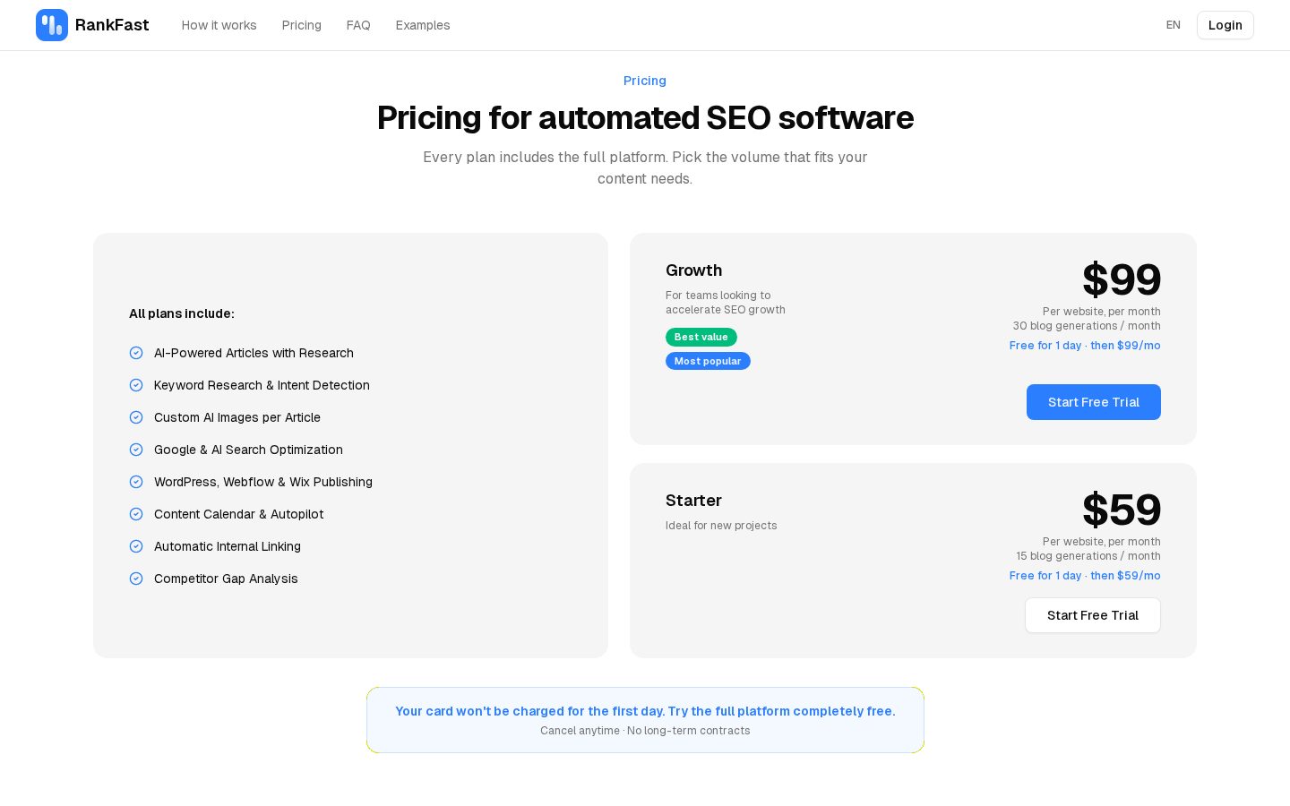 RankFast Pricing