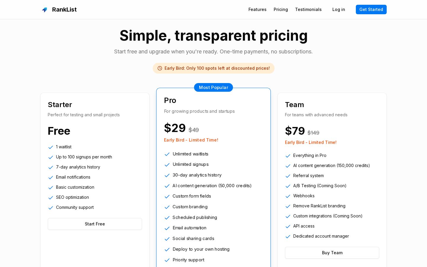 RankList Pricing