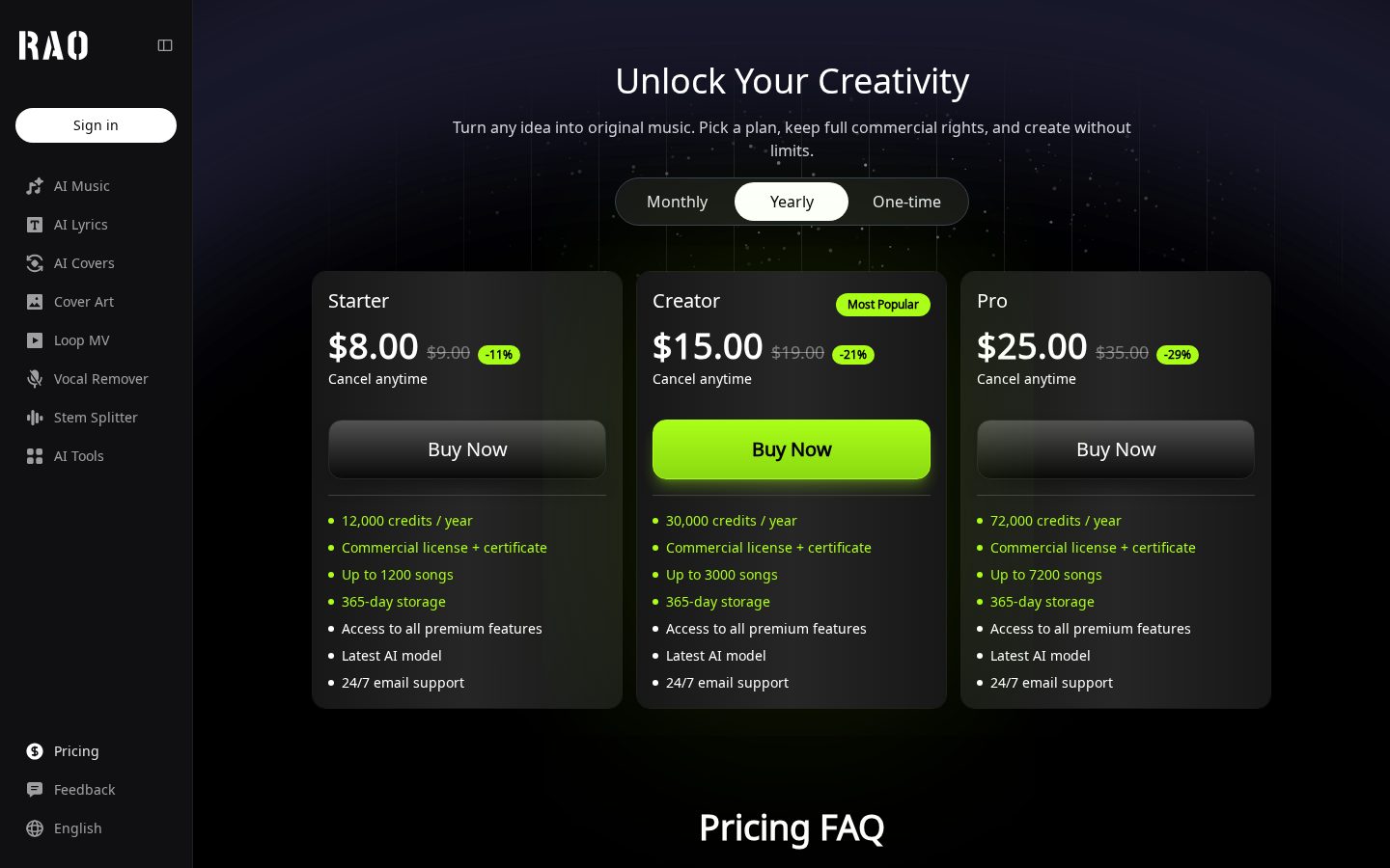Raomusic Pricing
