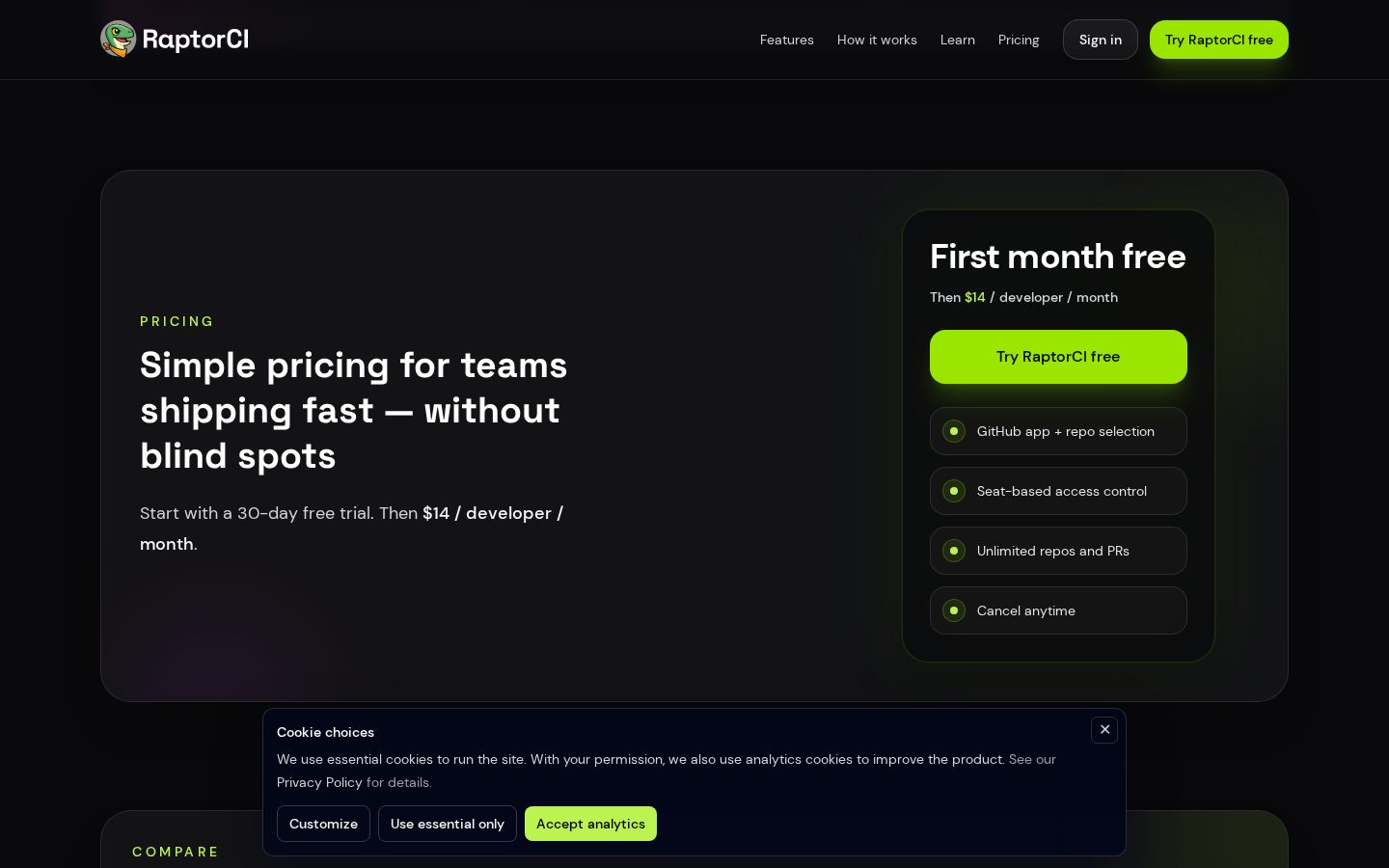 RaptorCI Pricing