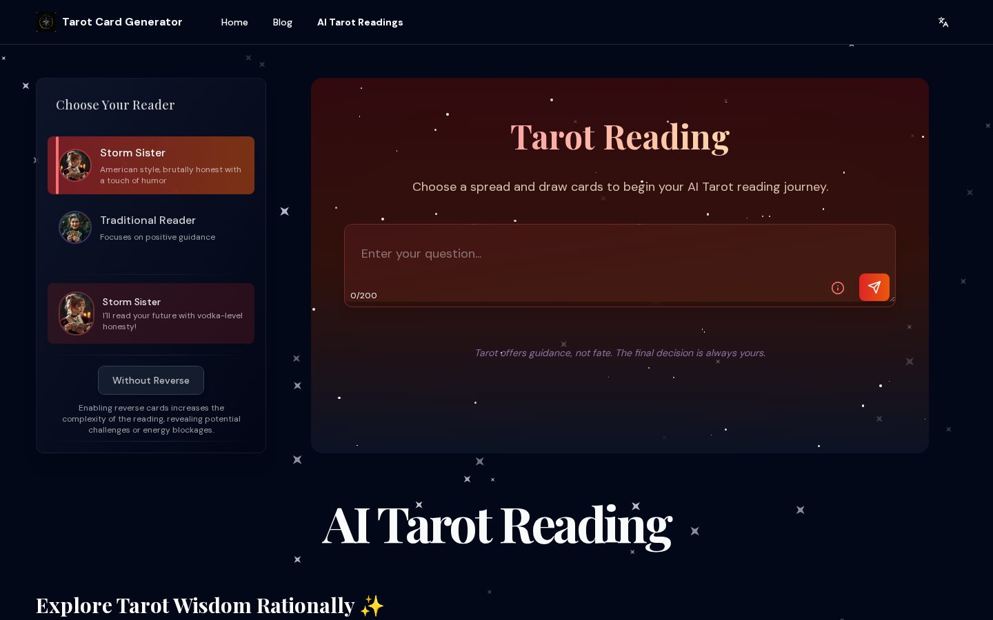 Rational AI Tarot Reading Homepage