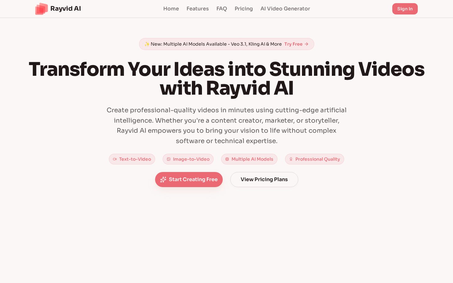 Rayvid AI Homepage