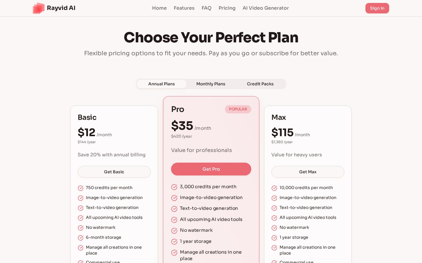 Rayvid AI Pricing