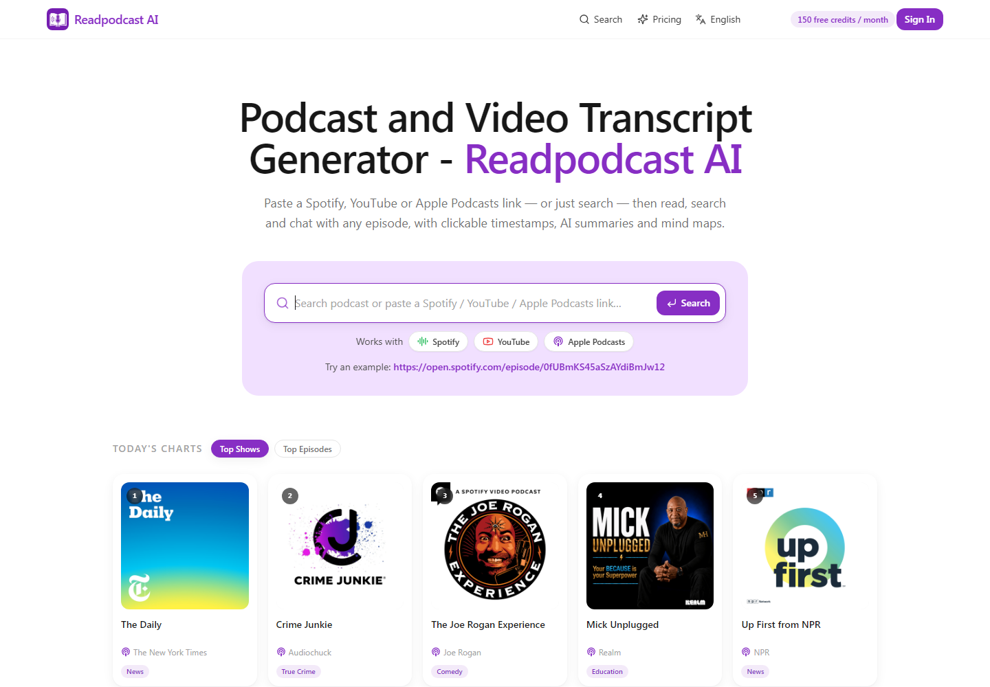 Readpodcast AI homepage