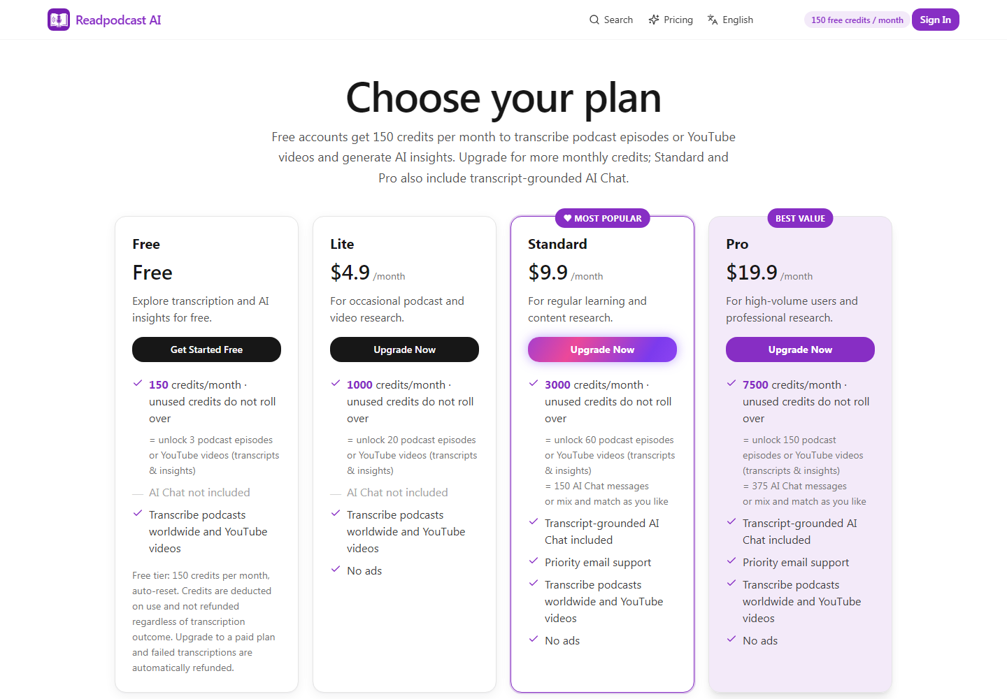 Readpodcast AI pricing
