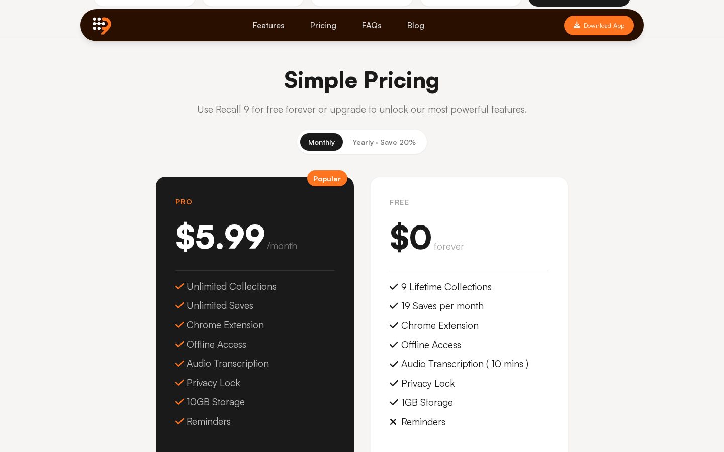 Recall 9 Pricing