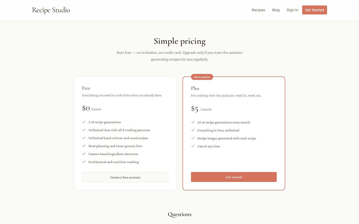 Recipe Studio Pricing
