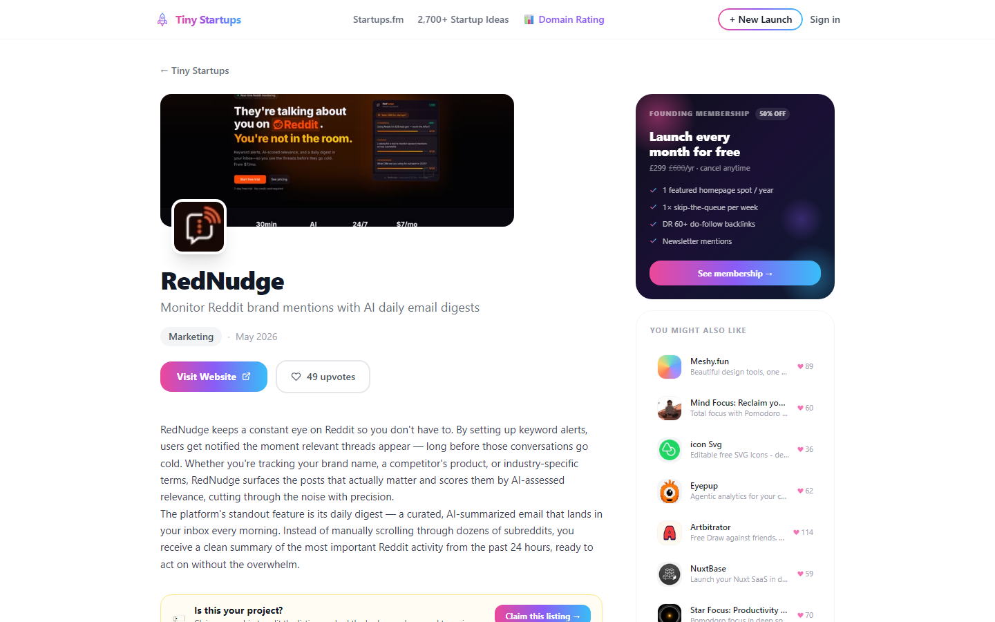 Product homepage for RedNudge: Monitor Reddit for brand mentions, competitors, and keywords. Get AI-summarized daily email digests. Starting at $7/mo.