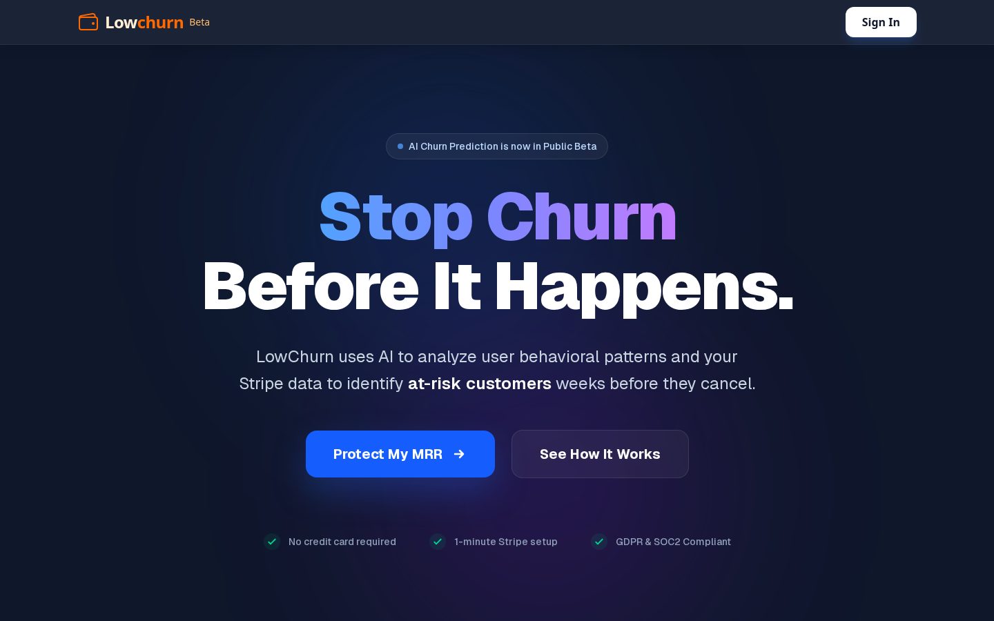 Reduce Customer Churn with LowChurn.com Homepage
