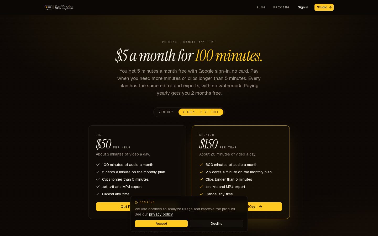 ReelCaption Pricing