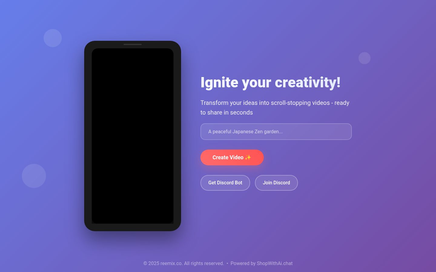 Reemix AI video generator Homepage
