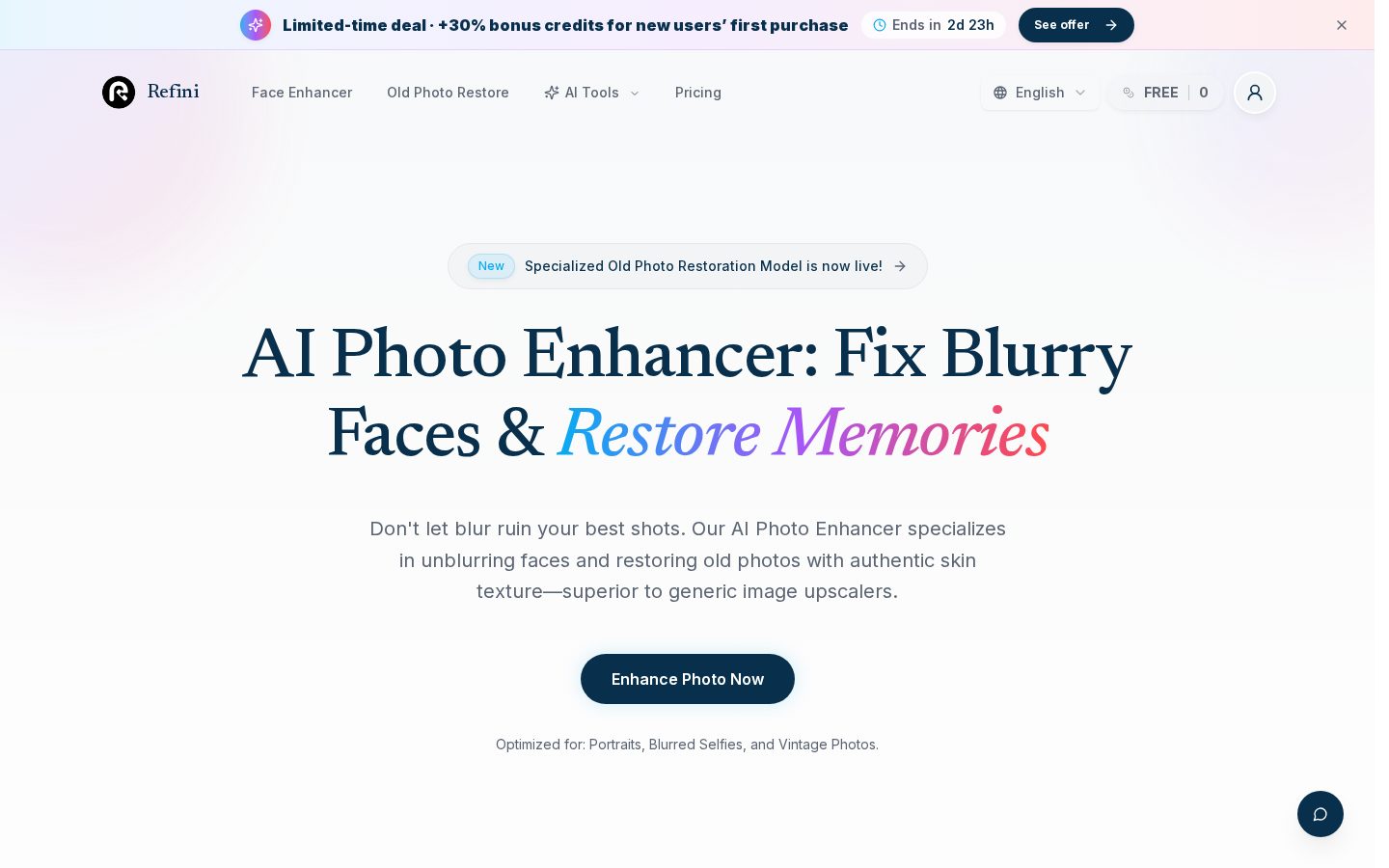 Refini AI Photo Enhancer & Face Unblur Homepage