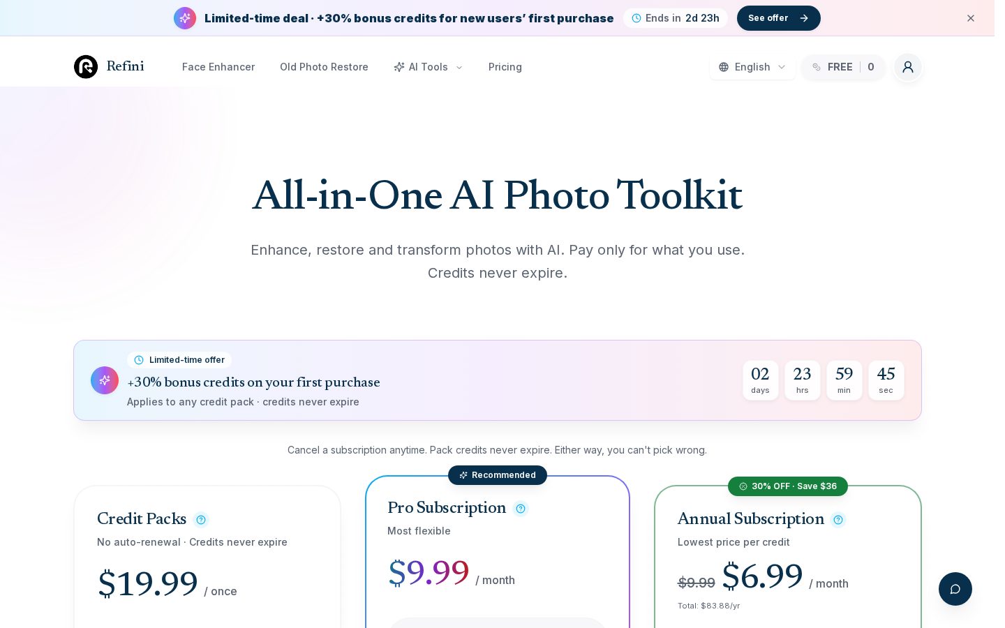 Refini AI Photo Enhancer & Face Unblur Pricing