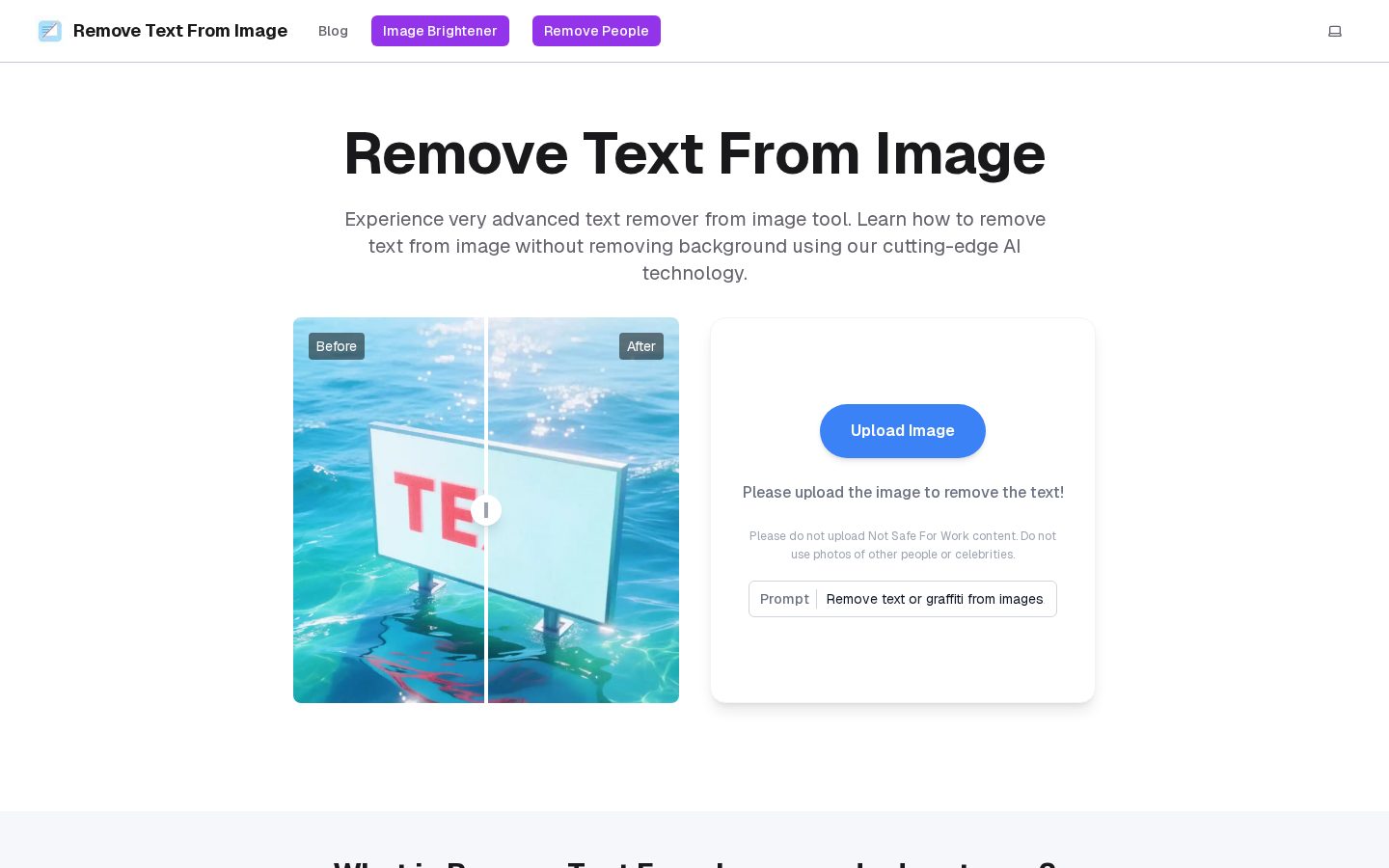 Remove Text From Image AI Tool Homepage