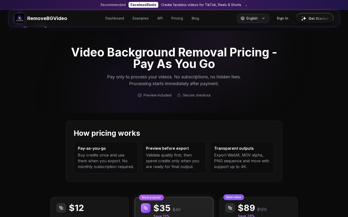 RemoveBGVideo Pricing